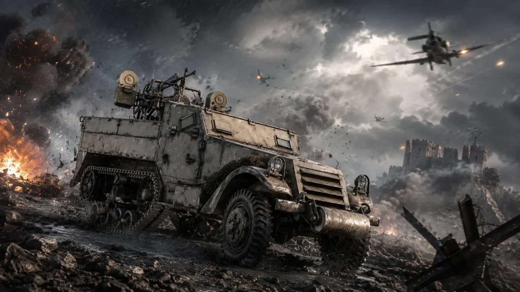 Американская зенитная самоходная установка M13 MGMC ведет заградительный огонь на передовой War Thunder